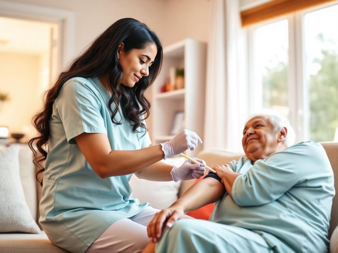Technician collecting a blood sample at a patient's home